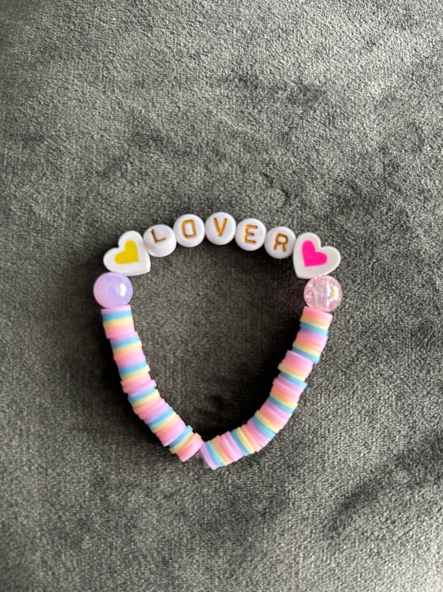 Pastel Pink, Blue, Yellow ‘LOVER’ Bracelet featuring Yellow & Pink Love Hearts