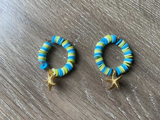 Summery blue and yellow and golden starfish earrings